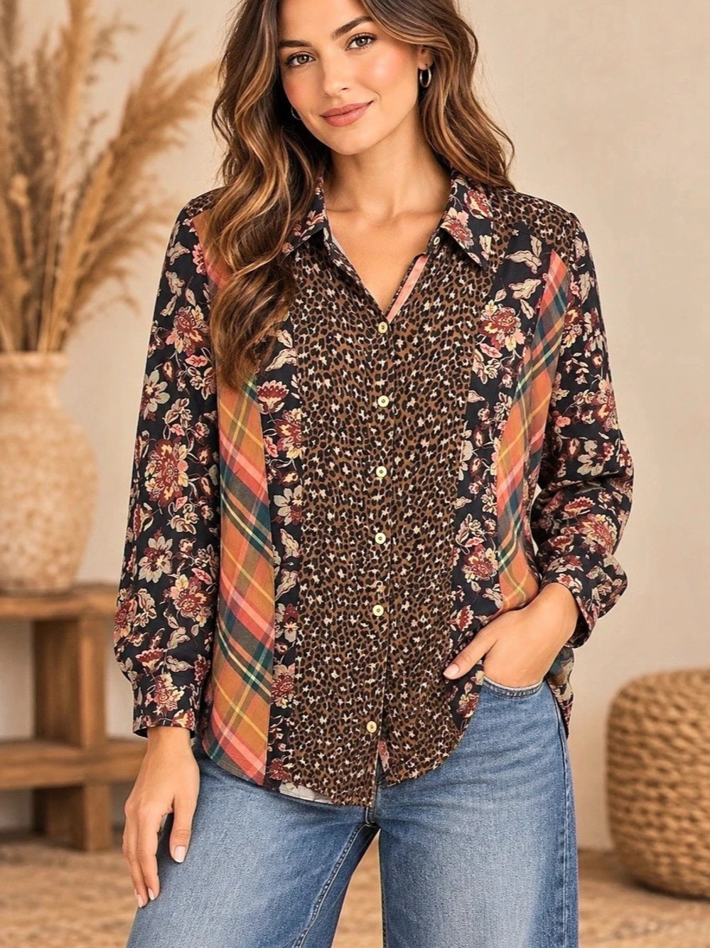 Soft Surroundings Floral Plaid & Leopard Print Button Down Shirt (121267) 🍂 🐆
